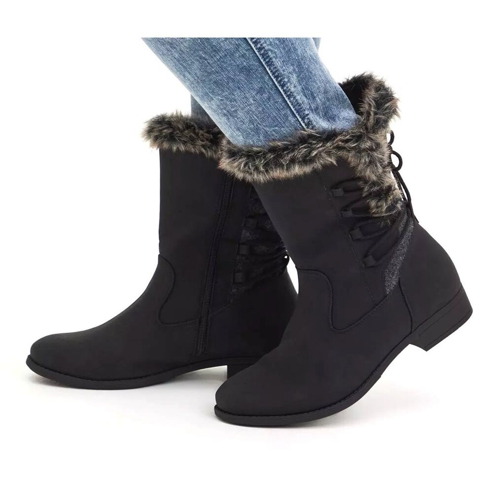 New Torrid‎ 8.5WW Black Faux Fur Trim Faux Leather Lace Up Winter Booties Boots